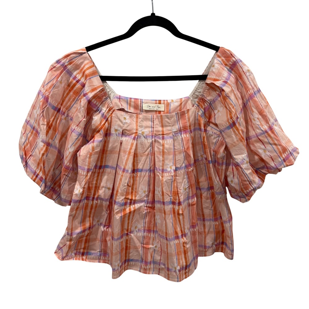 Doe and Rae Orange Plaid Floral Puff Sleeve Square Neck Blouse Small